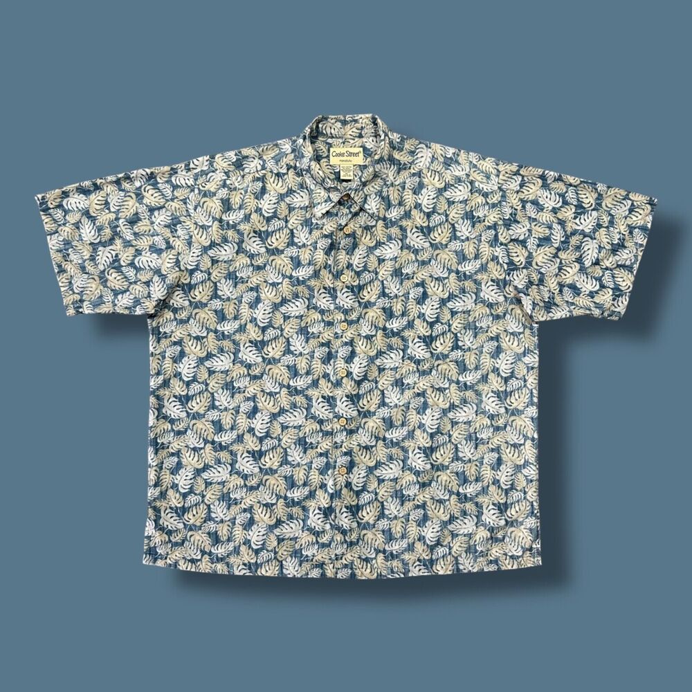 Vintage Hawaiian Shirt Leaf Print Monstera Plant Button Up Aloha y2k Blue XL